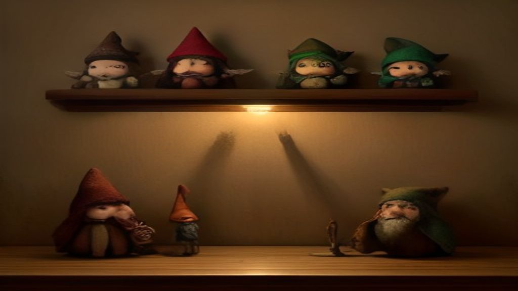 Varios seres mágicos artesanales reunidos en un estante, colección personal