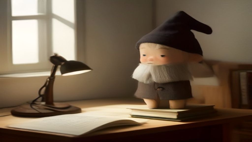 Un escritorio de trabajo adulto con un gnomo artesanal pequeño en un rincón