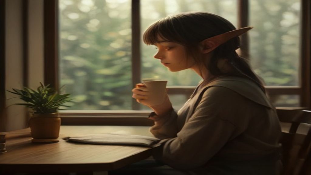 Una persona adulta de espaldas con un café, con un elfo artesanal sobre la mesa