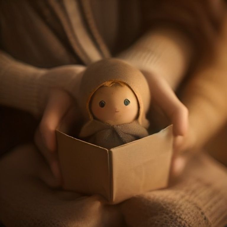 Manos adultas abriendo con cuidado una caja kraft de la que asoma un duende artesanal