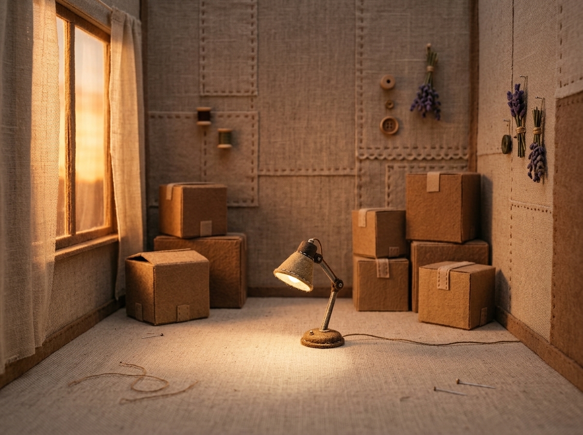 Habitación vacía de una casa recién comprada, con cajas de mudanza apiladas y una sola lámpara de escritorio encendida