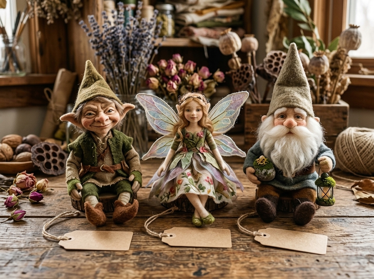 Un duende, un hada y un gnomo artesanales sentados juntos sobre una mesa rústica, cada uno con una etiqueta de papel kraft en blanco