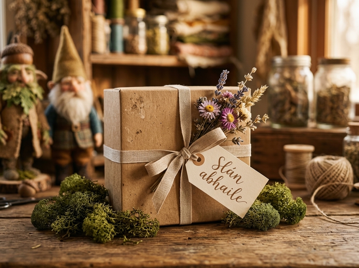 Caja de regalo artesanal de cartón kraft atada con cinta de lino y una etiqueta escrita a mano que dice Slán abhaile, junto a musgo y flores secas