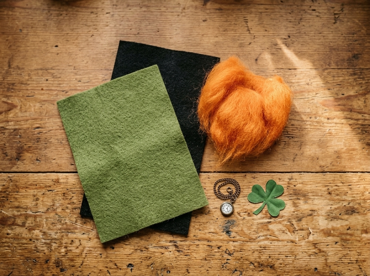 Materiales de costura sobre una mesa de madera: fieltro verde musgo y negro, lana naranja para la barba, un trébol de tela y una cadena de reloj de bolsillo en miniatura