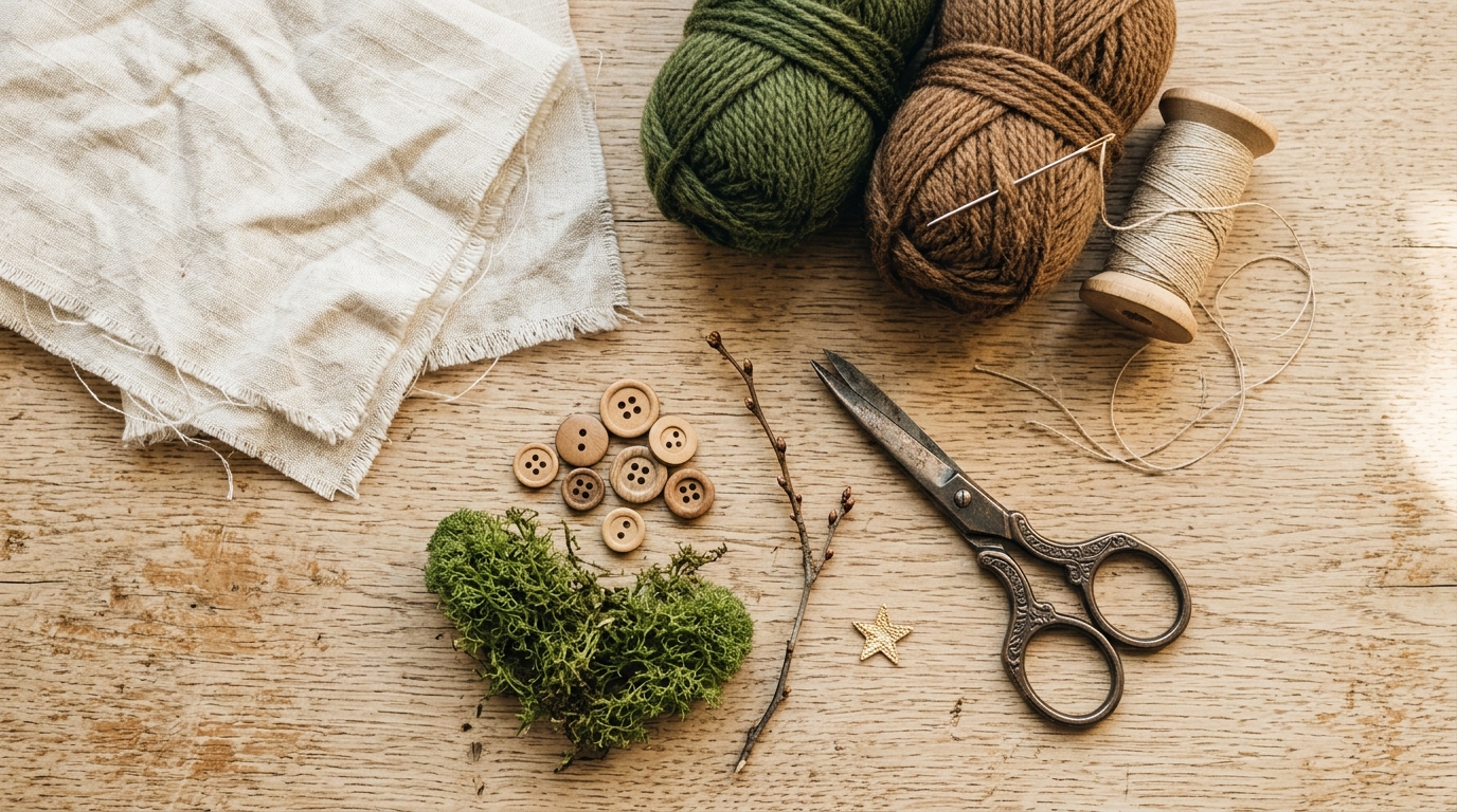 Materiales seleccionados para crear a Tilo: telas, lanas, botones de madera y accesorios
