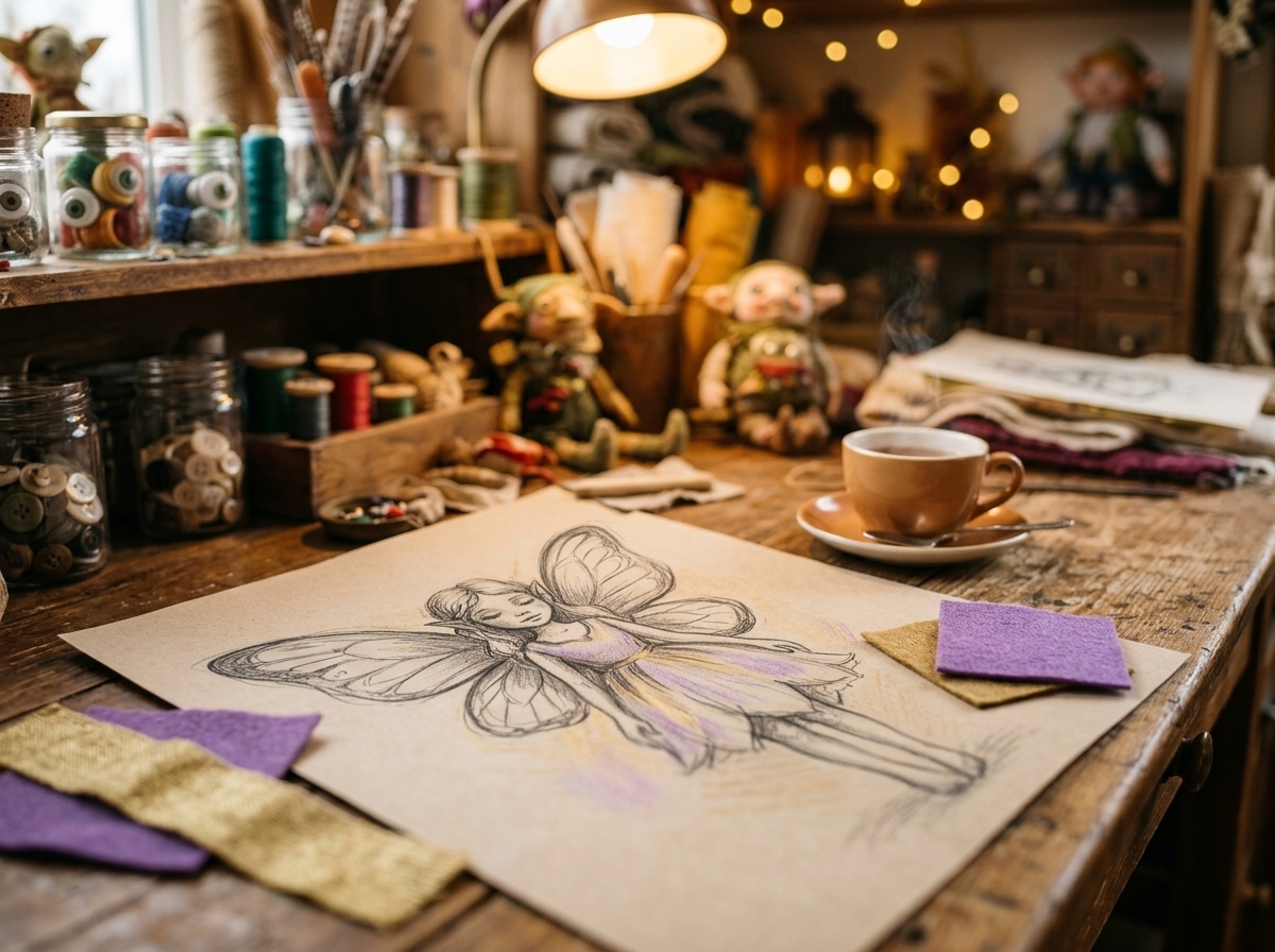 Boceto a lápiz de un encargo personalizado antes de empezar a coser
