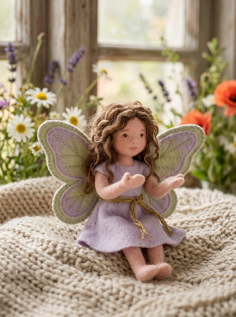 Hada artesanal personalizada con alas de mariposa y vestido lavanda