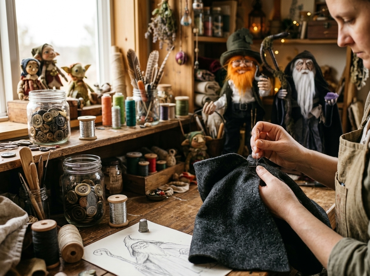 Manos artesanas cosiendo la capa oscura de fieltro de un mago, con el boceto sobre la mesa y otros seres mágicos terminados de fondo